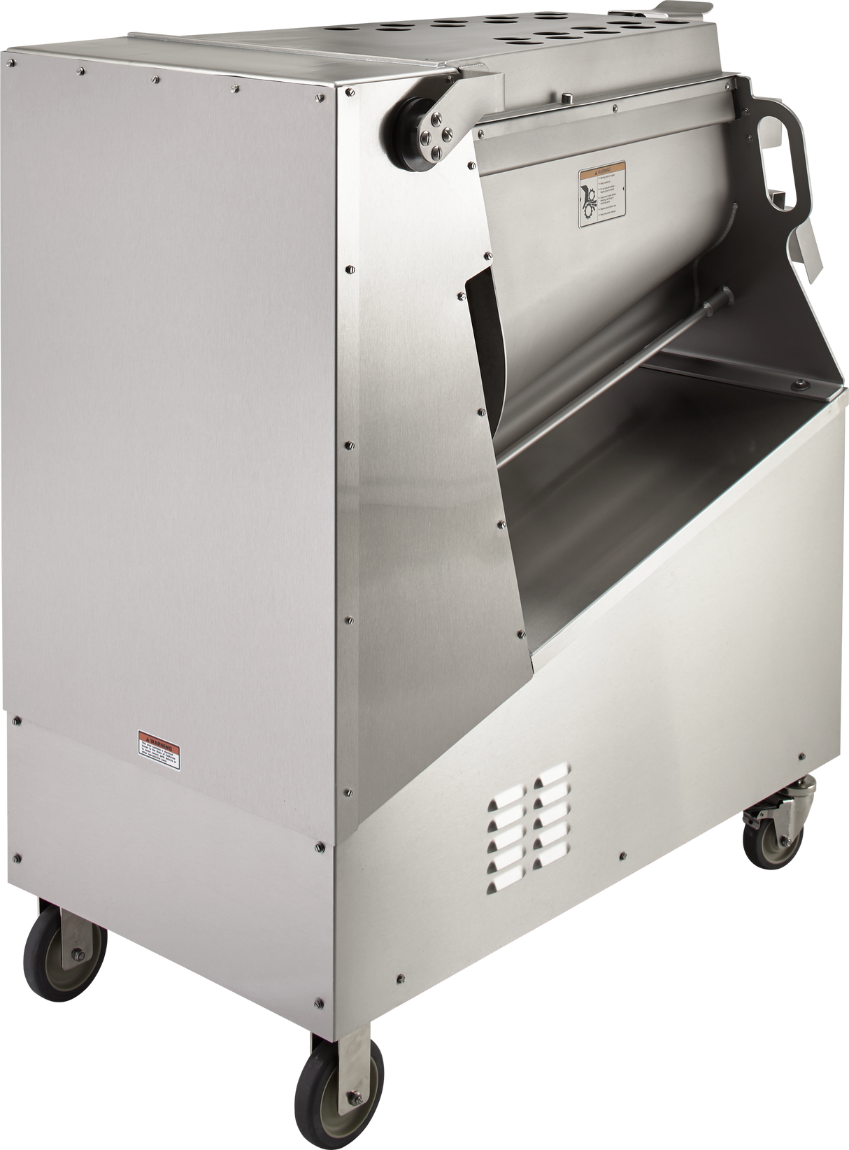 A large, stainless steel Mixer Grinder with 150 lb. capacity stands on four caster wheels; it has a tilted, open-top mixing chamber, a visible safety warning label, side handle, and ventilation slots. The surface is shiny and industrial in appearance.