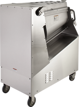 A large, stainless steel Mixer Grinder with 150 lb. capacity stands on four caster wheels; it has a tilted, open-top mixing chamber, a visible safety warning label, side handle, and ventilation slots. The surface is shiny and industrial in appearance.