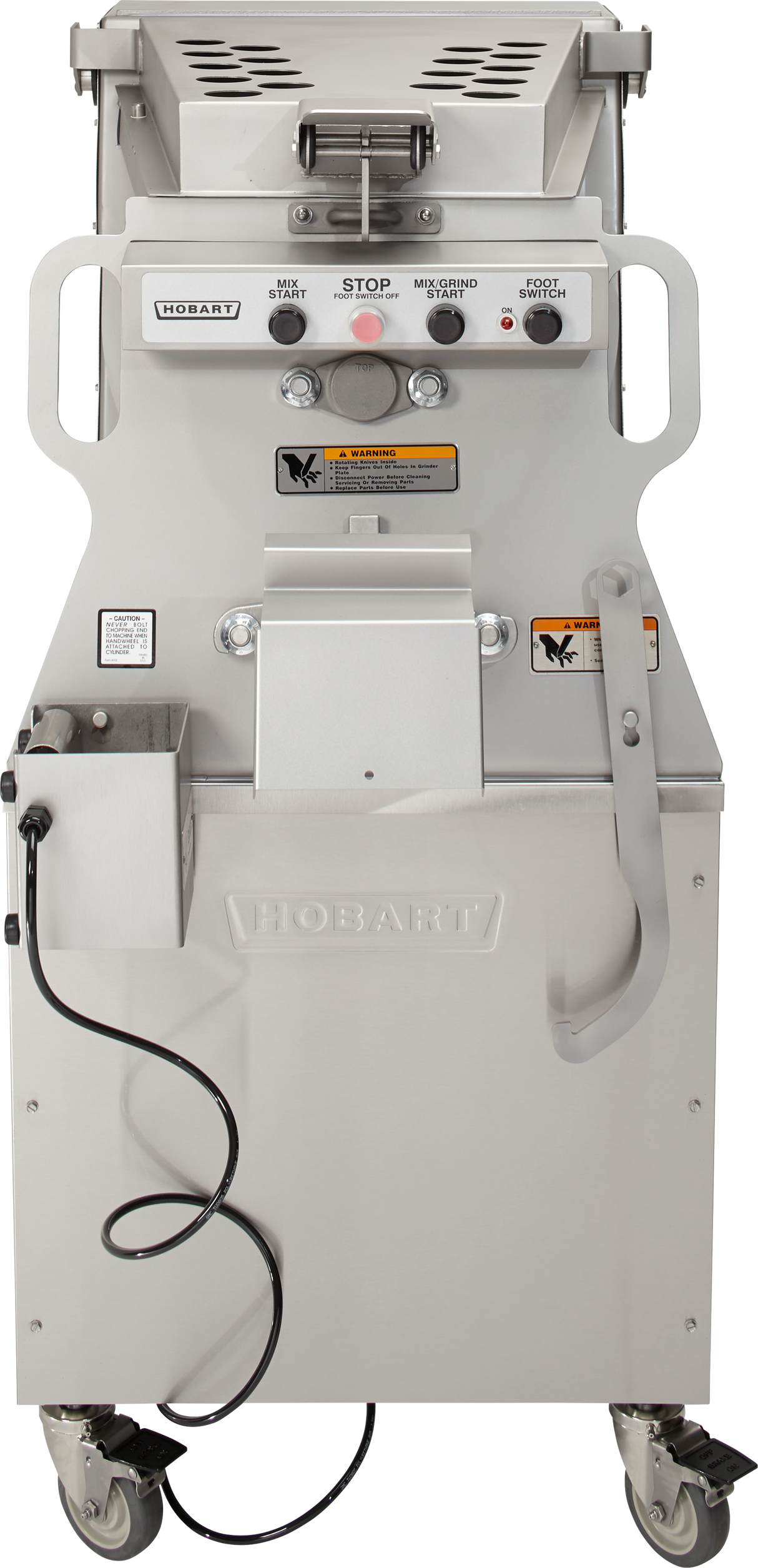 A commercial Hobart Mixer Grinder on casters, featuring control buttons, warning labels, a cord, side chute, and sturdy stainless steel build with a large hopper and handle for operation. This silver machine boasts a 150 lb. capacity for industrial use.