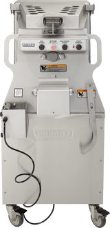 A commercial Hobart Mixer Grinder on casters, featuring control buttons, warning labels, a cord, side chute, and sturdy stainless steel build with a large hopper and handle for operation. This silver machine boasts a 150 lb. capacity for industrial use.