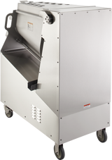 A large, industrial Prime Mixer Grinder crafted from stainless steel with a 200 lb. capacity sits on four caster wheels, featuring a slanted open front, side handle, ventilation slots, and an internal agitator bar for efficient food processing or mixing.