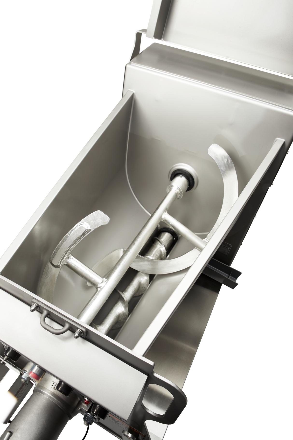 A close-up view of a Prime Mixer Grinder with open lid showcases its stainless steel mixing blades and auger. This clean, angular equipment is built for heavy-duty food processing in commercial kitchens, featuring a robust 200 lb. capacity.