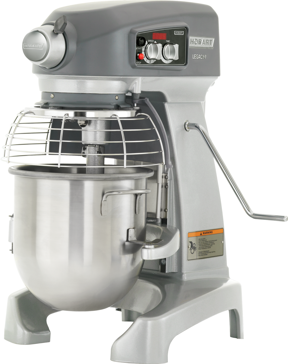 A large 12 quart planetary mixer with a stainless steel mixing bowl, safety guard, and control panel on top. The metallic gray bench mixer has a HOBART label, various dials and levers, plus an orange warning sticker.