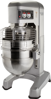 A large, industrial 140 quart mixer with a metal bowl and protective wire guard. The control panel has buttons and dials, and the mixer stands on four sturdy legs. This Legacy Planetary Mixer is ideal for heavy-duty kitchen or bakery use.