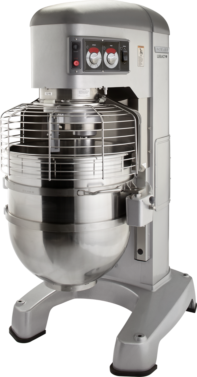 A large, industrial 140 quart mixer with a metal bowl and protective wire guard. The control panel has buttons and dials, and the mixer stands on four sturdy legs. This Legacy Planetary Mixer is ideal for heavy-duty kitchen or bakery use.