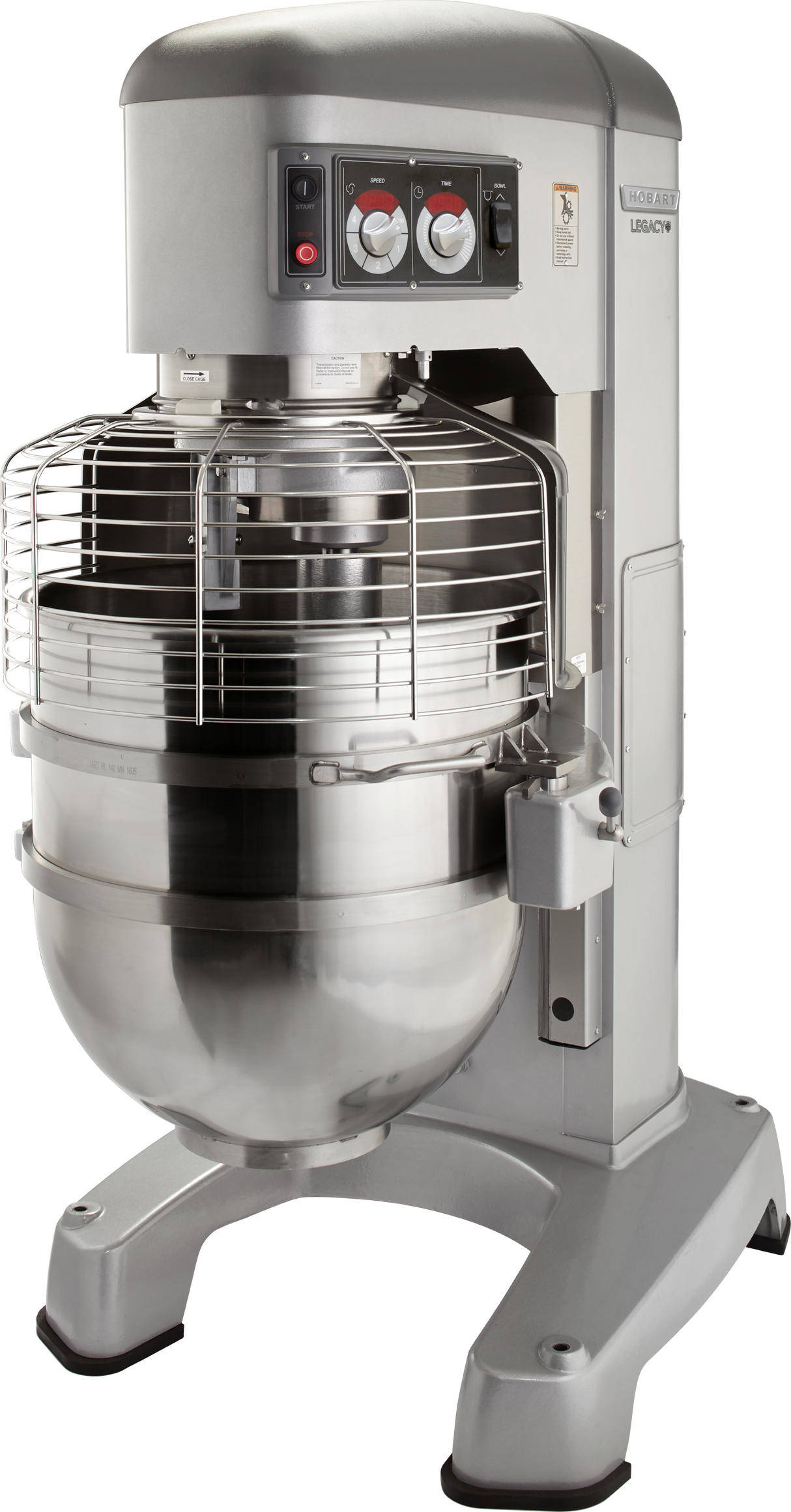A large Hobart HL1400 Legacy Planetary Mixer with a shiny stainless steel 140 quart mixing bowl, metal safety guard, and a gray base. The mixer has a control panel with three round buttons, a top lever, and sturdy legs for stability.