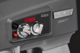 Close-up of a gray Hobart Legacy planetary mixer control panel with a digital display, silver knobs for speed and time adjustments, black START and red STOP buttons, and the Hobart logo on the top right.