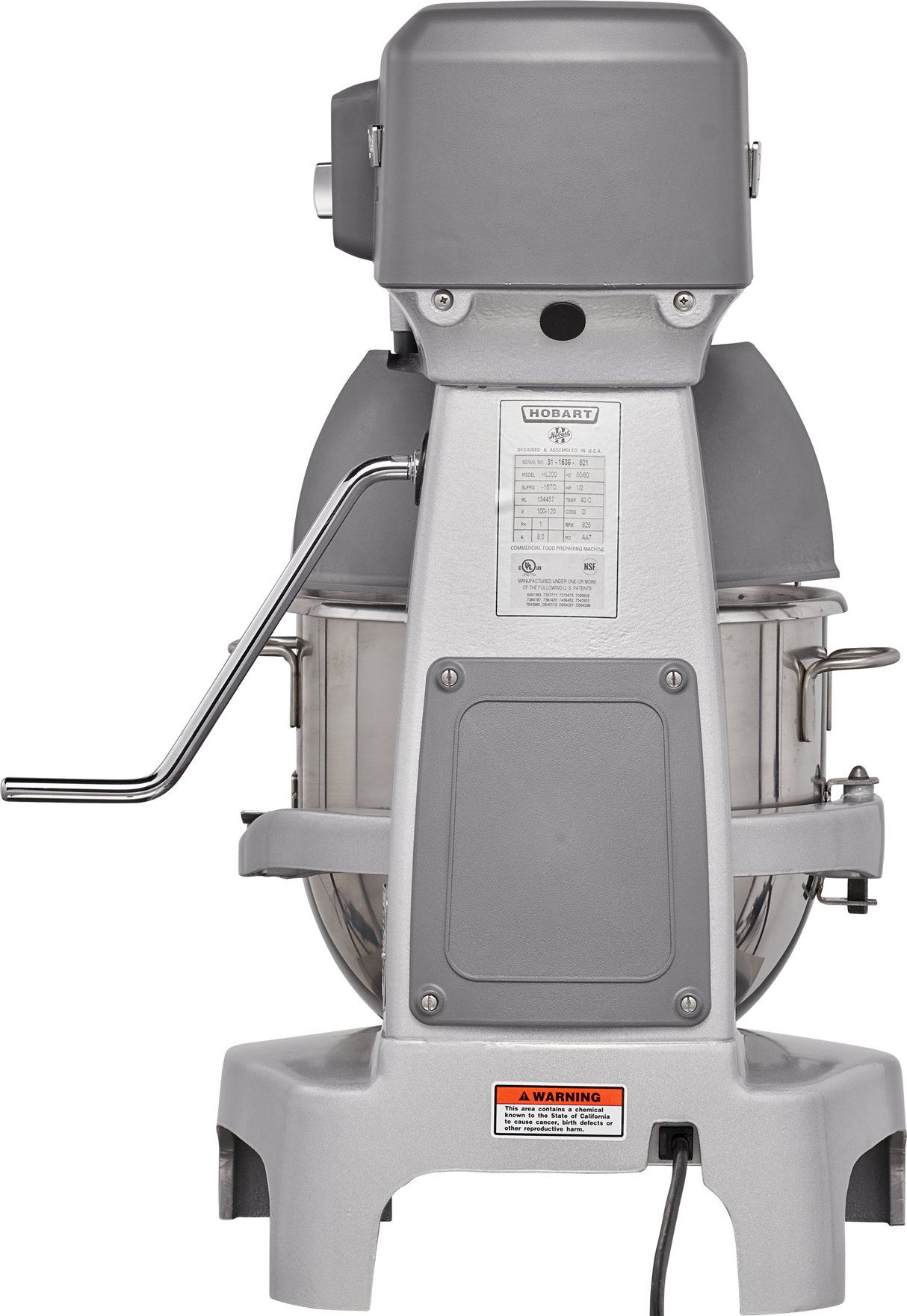 A 20 quart planetary mixer with a metallic silver and gray body, large stainless steel mixing bowl, protective guard, control labels, and warning sticker on the base, shown from the front view against a plain white background.