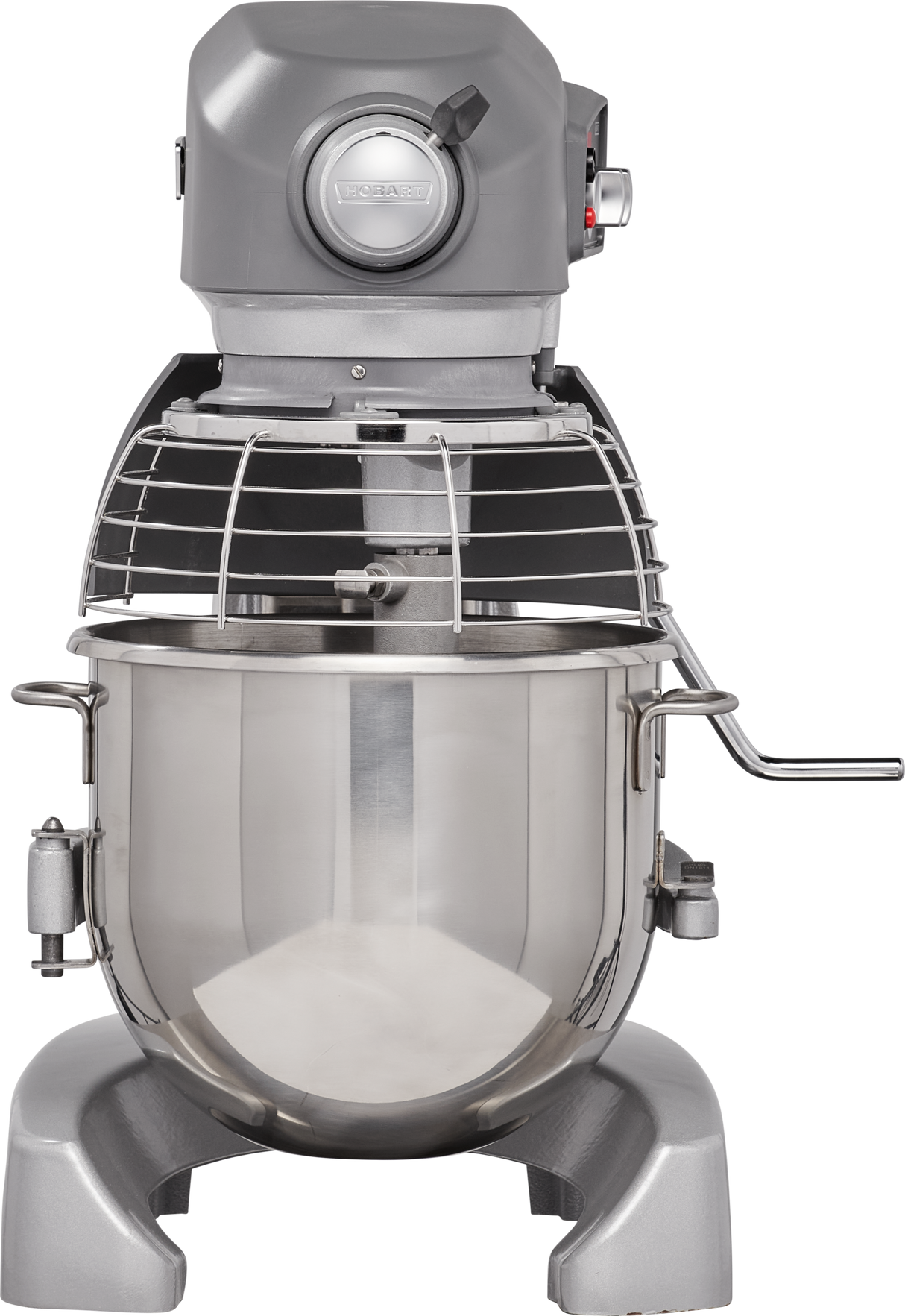 A large industrial floor mixer with a metal mixing bowl, gray body, and protective wire guard. The control panel and adjustment knob are visible on the upper section, with a side lever. This planetary mixer is ideal for commercial or bakery use.