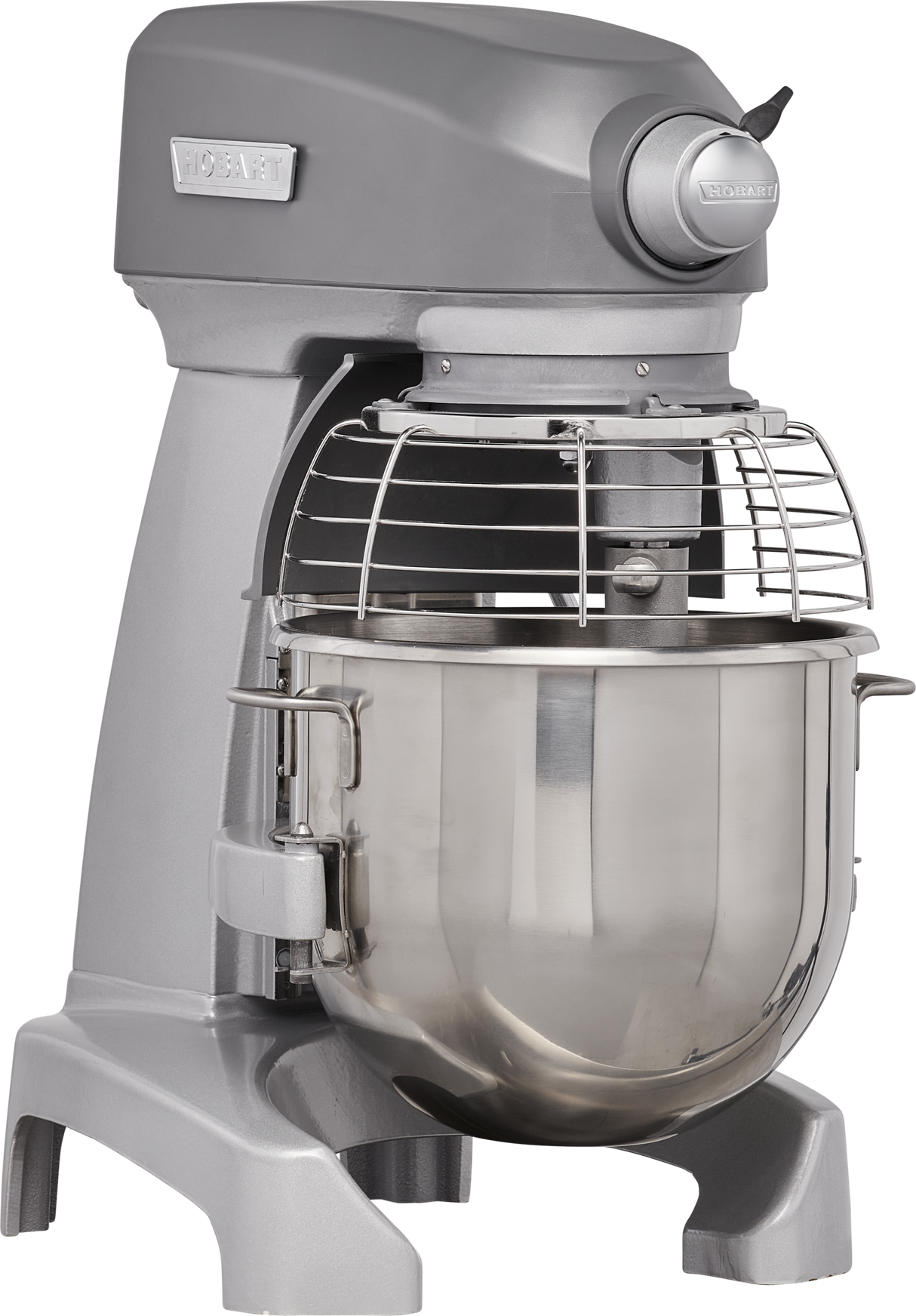 A large, industrial-grade gray planetary mixer with a stainless steel mixing bowl and protective metal wire guard. This Hobart 20 quart mixer features sturdy legs, a control knob on top, and prominent branding on the body and knob.