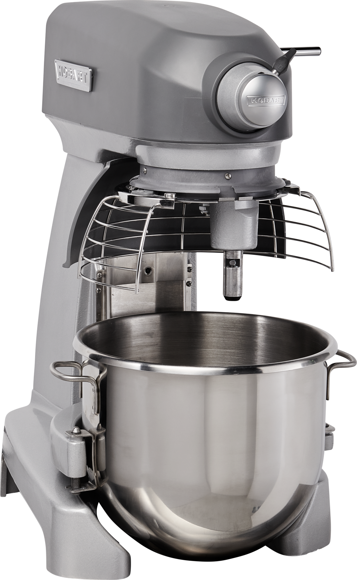 A large, silver 20 quart planetary mixer with a protective wire guard, metallic mixing bowl, and sturdy base. The Hobart floor type mixer features control dials and is designed for heavy-duty kitchen use.