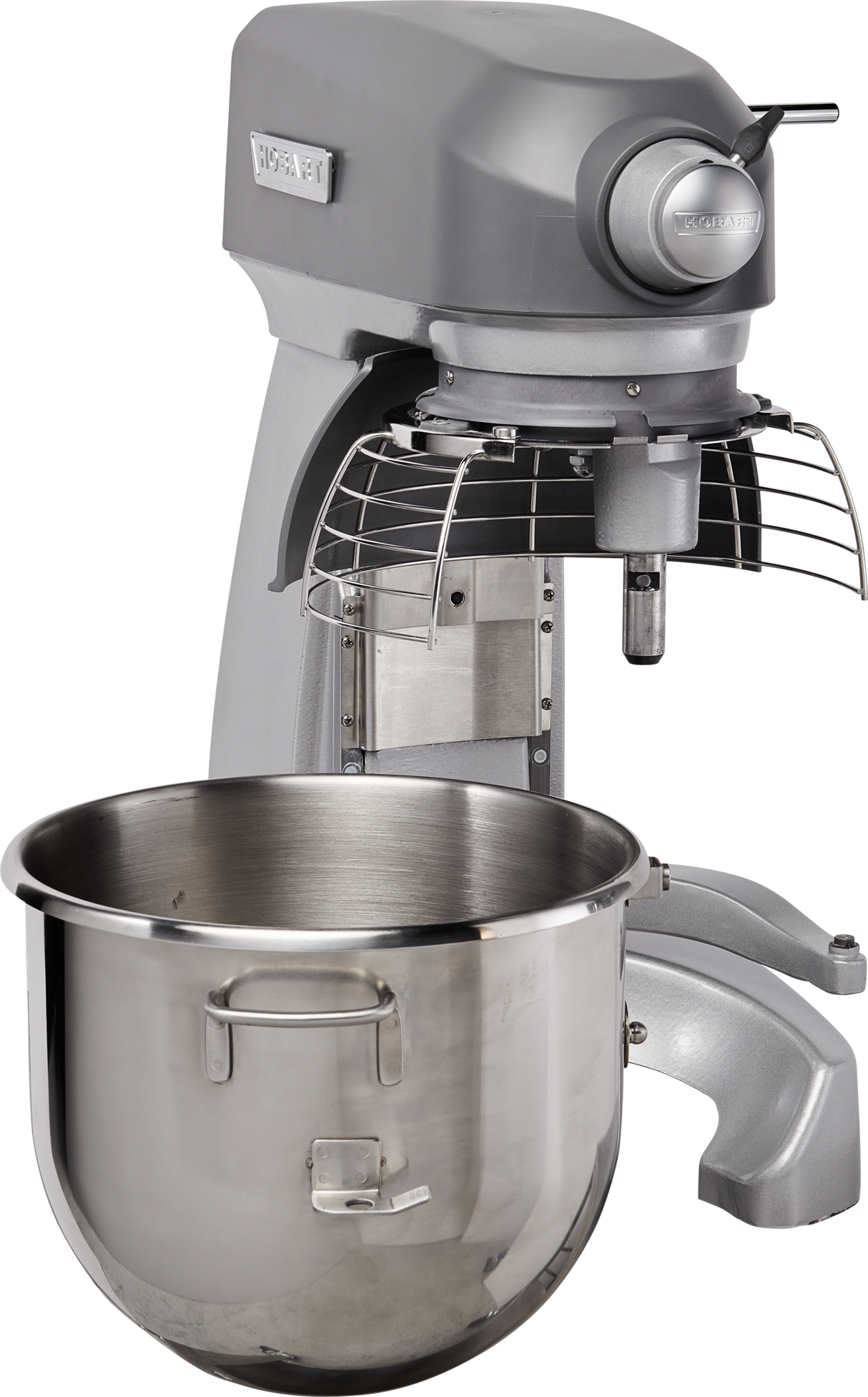 A large, industrial gray 20 quart mixer with a metal safety guard and a detachable shiny stainless steel mixing bowl placed in front. This sturdy planetary mixer features a robust base and control panel, perfect for heavy-duty kitchen use.