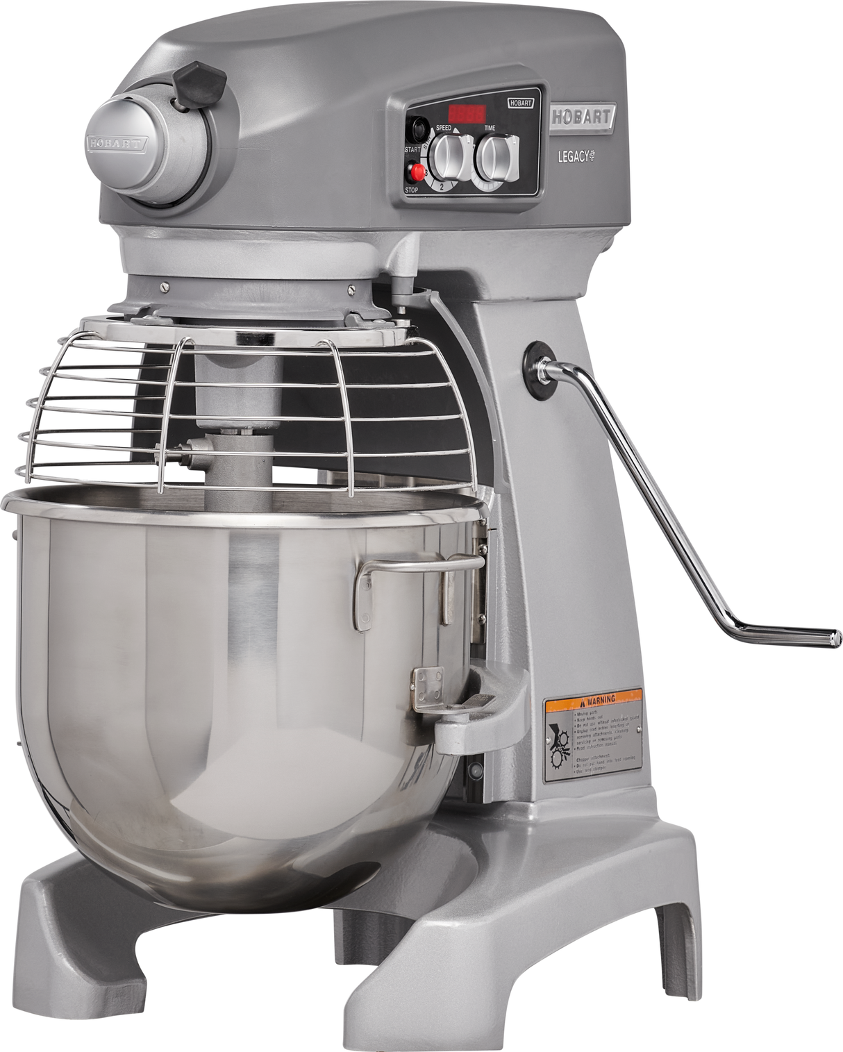A large industrial floor type mixer with a stainless steel bowl, protective wire guard, control knobs, and levers. The machine has a sturdy base and side handle for adjusting the bowl position. The brand “Hobart” and model “Legacy+” are visible.