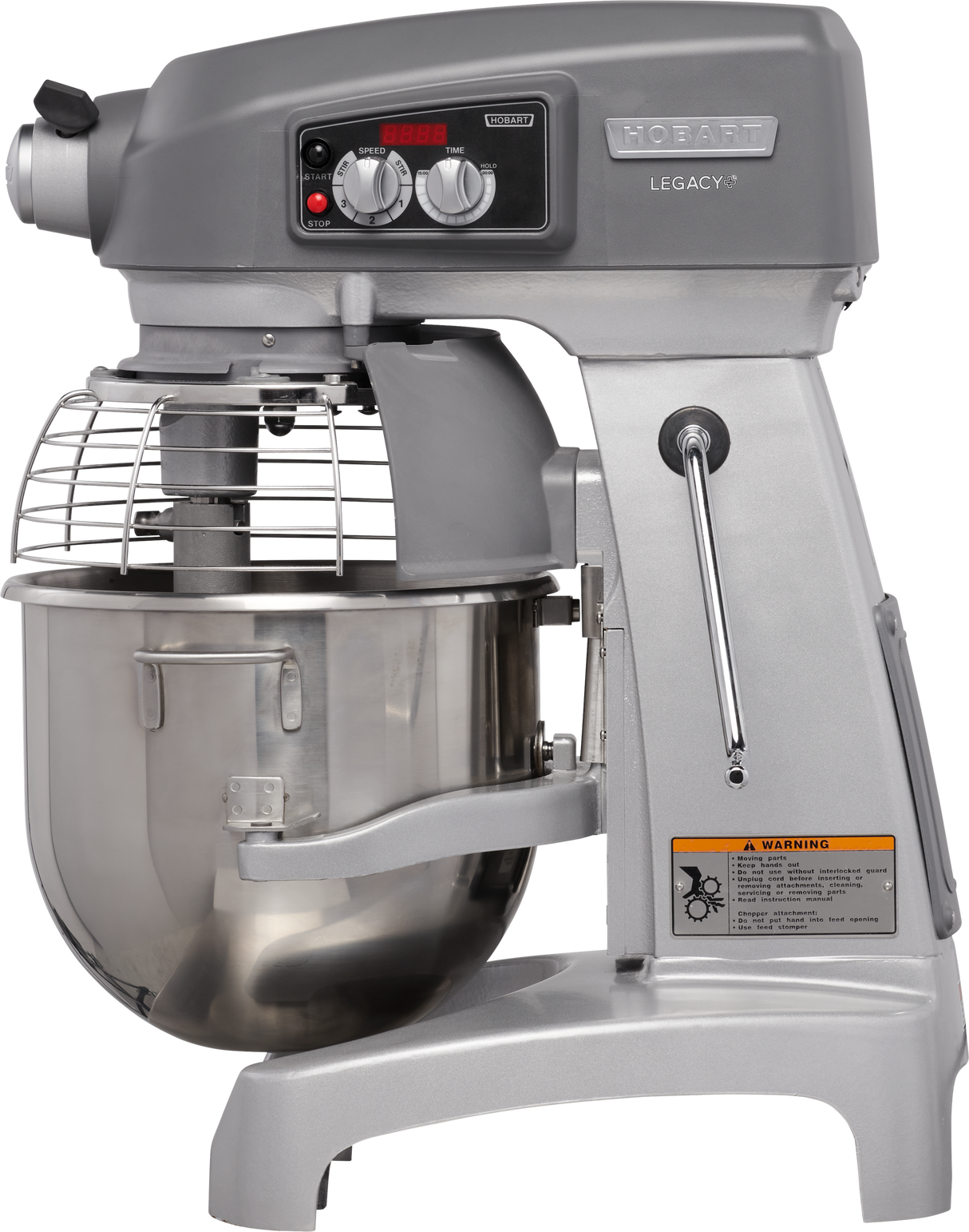 A commercial gray planetary mixer with a large stainless steel mixing bowl, protective wire guard, control knobs, digital display, and a warning label; branded “Hobart Legacy+.” This 20 quart mixer is designed for heavy-duty food preparation.