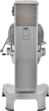 A Hobart HL300, 30 quart planetary mixer viewed from the back, showing a sturdy metal base, control panel with label, large mixing bowl, metal arm with black handle on the left, and a silver-gray industrial finish.