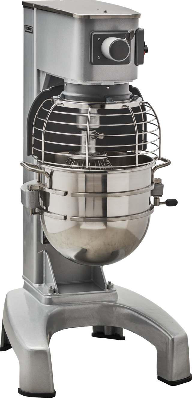 A large, industrial Legacy Planetary Mixer with a metal safety guard, control knob, and side handle. This 30 quart mixer features a sturdy metallic frame and a sizable mixing bowl beneath the enclosed mixing mechanism.
