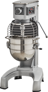 A large Hobart HL300 planetary mixer with a 30 quart stainless steel bowl, protective wire guard, control knobs, and buttons on top. It stands on sturdy metal legs and features a shiny, industrial design for heavy-duty kitchen use.