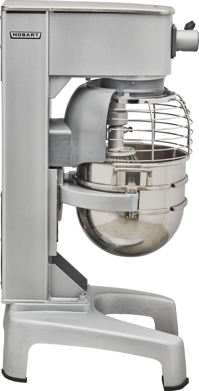 A commercial Hobart 30 quart planetary mixer in silver, side view, with a large stainless steel mixing bowl and protective wire guard. This sturdy correctional mixer is ideal for heavy-duty use in professional kitchens.