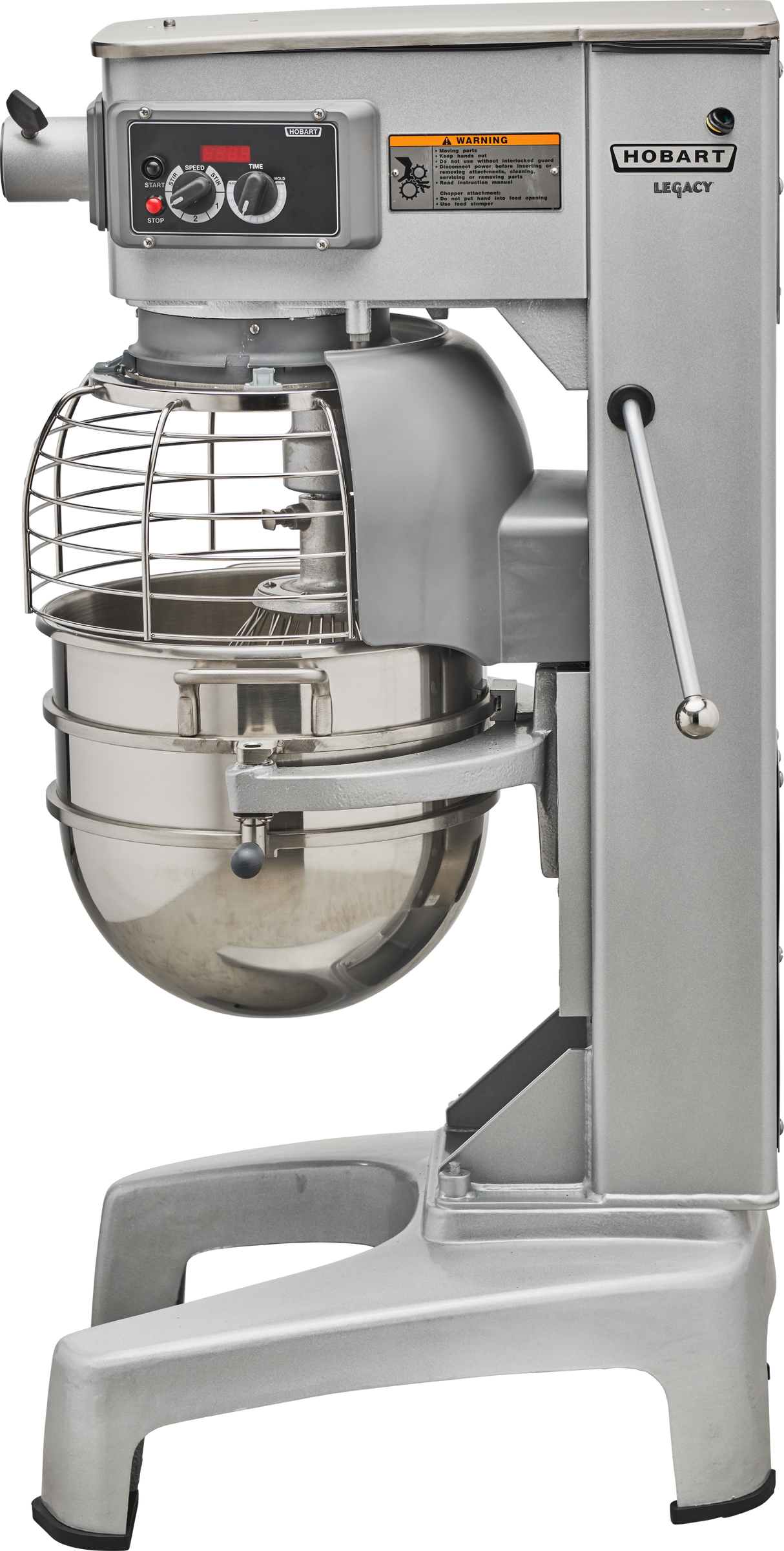 A large, industrial Hobart HL300 Legacy Planetary Mixer with a metal bowl, protective wire guard, and control knobs is shown. This sturdy 30 qt mixer is silver and built for heavy-duty food preparation in commercial kitchens.