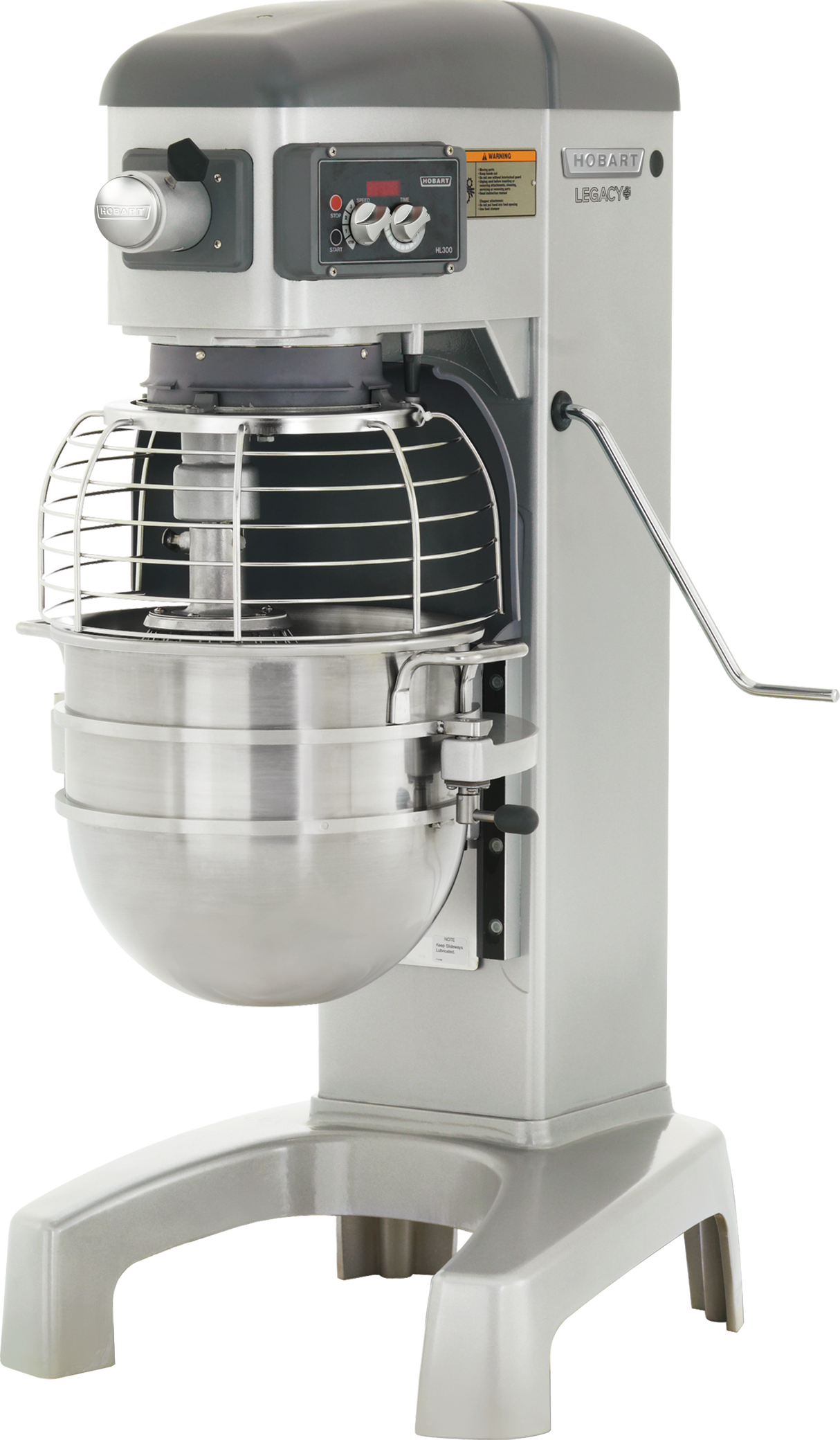 A commercial-grade, silver Hobart mixer with a large 30 quart stainless steel mixing bowl, protective wire guard, and control panel; this planetary mixer is designed for heavy-duty mixing in professional kitchens or bakeries.