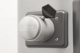 Close-up of a metallic knob with the brand name Hobart embossed on it, mounted on a gray panel with screws. A black, polygonal handle is attached above—a detail from a Hobart mixer, possibly part of a Legacy Planetary Mixer.