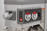 Close-up of a Legacy Planetary Mixer control panel with a metal lever, red STOP and black START buttons, and SPEED and TIME dials. Digital displays show numbers and Hold. The panel is silver and black—typical of Hobarts renowned 60 qt mixer line.