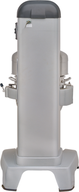 A tall, metallic, industrial 60 qt mixer with a rectangular body, rounded top, and wide base. Levers, knobs, and components protrude from each side. This Hobart machine is photographed against a white background and viewed directly from the front.