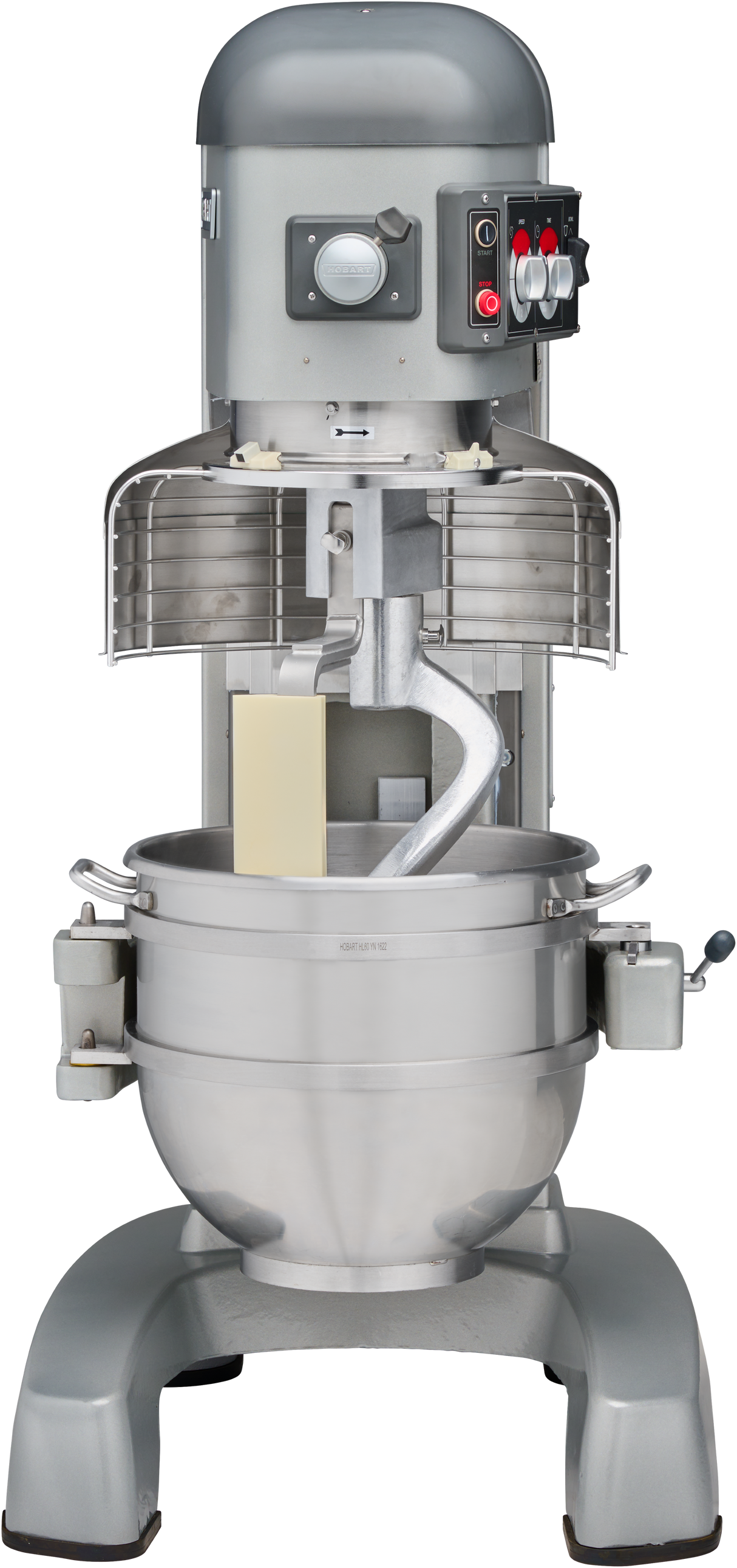 A large 60 qt Hobart mixer with a stainless steel bowl and beater attachment. The machine features a sturdy metal base, protective guards around the mixing area, and control switches on the right side of the top housing.