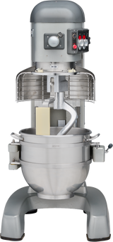 A large 60 qt Hobart mixer with a stainless steel bowl and beater attachment. The machine features a sturdy metal base, protective guards around the mixing area, and control switches on the right side of the top housing.