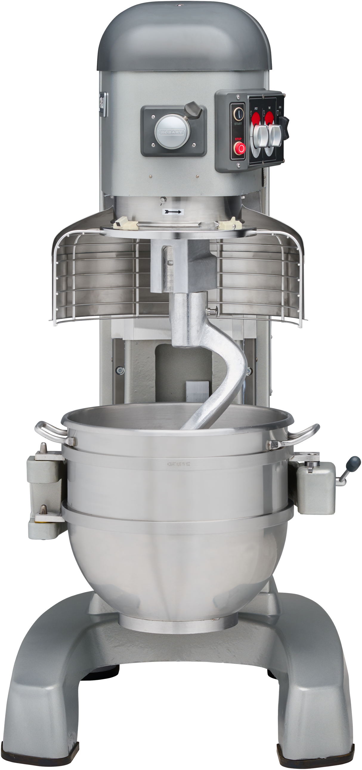A large, industrial Hobart mixer with a stainless steel bowl, spiral dough hook attached, control dials and switches on the side, and a partially opened safety guard, all set against a plain light background.
