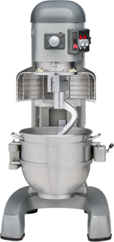 A large, industrial Hobart mixer with a stainless steel bowl, spiral dough hook attached, control dials and switches on the side, and a partially opened safety guard, all set against a plain light background.