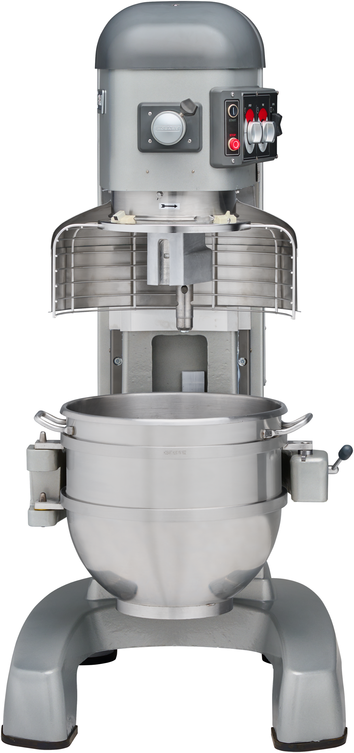A large Hobart planetary mixer with a stainless steel bowl sits on a sturdy gray base. The upper part has a control panel with black, red, and white switches. A wire guard covers the 60 quart mixing area for safety, and the bowl is securely locked in place.