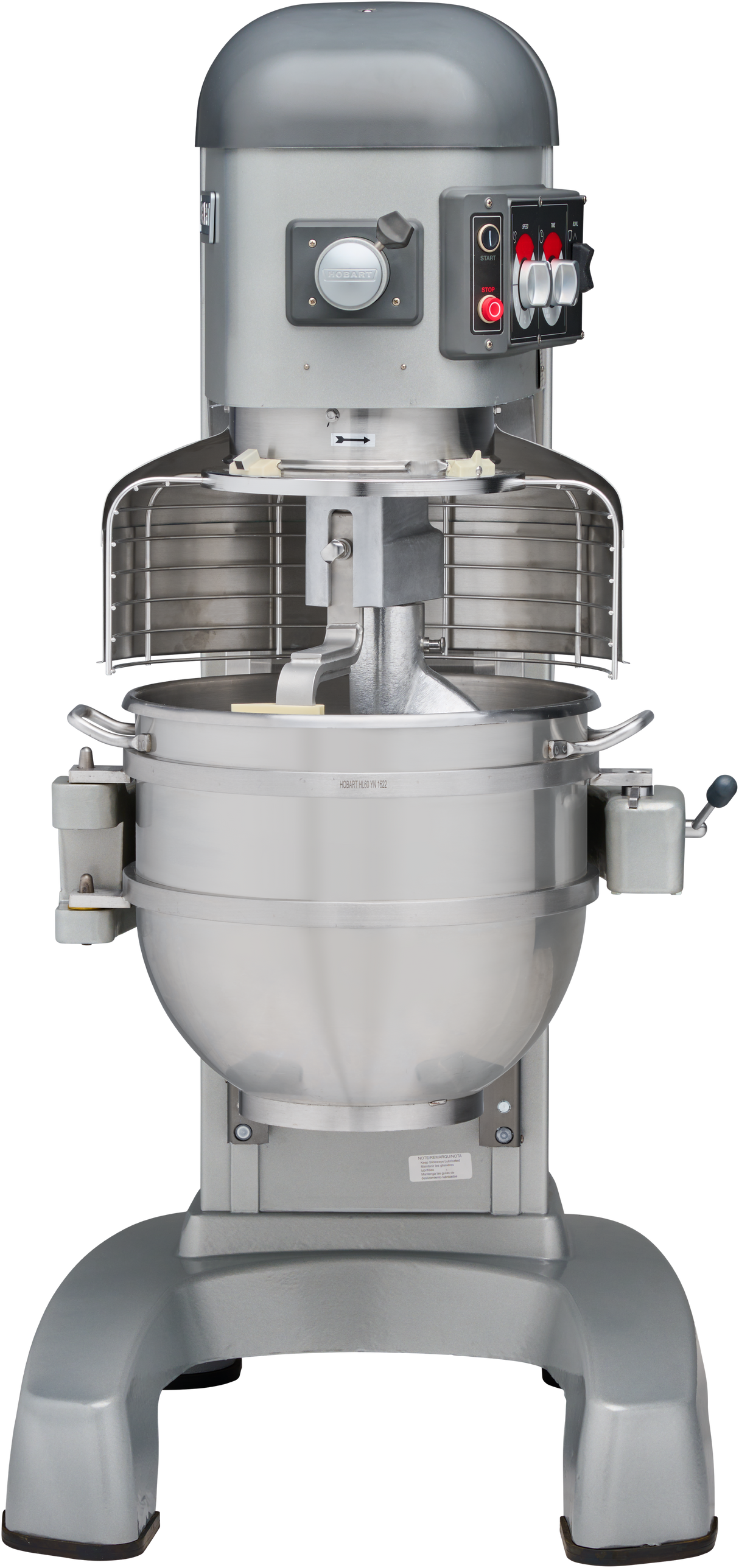 A large industrial Hobart mixer with a stainless steel bowl, protective guard, and control panel featuring switches and dials. This 60 qt mixer is metallic gray and built for heavy-duty use in commercial kitchens or bakeries.