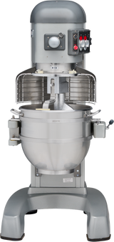A large industrial Hobart mixer with a stainless steel bowl, protective guard, and control panel featuring switches and dials. This 60 qt mixer is metallic gray and built for heavy-duty use in commercial kitchens or bakeries.