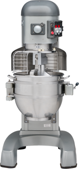 A large, industrial Hobart mixer with a metal bowl, protective wire guard, and various control switches on the side. The gray Legacy Planetary Mixer features a solid base and a side lever for adjusting the 60 qt mixer bowl height.