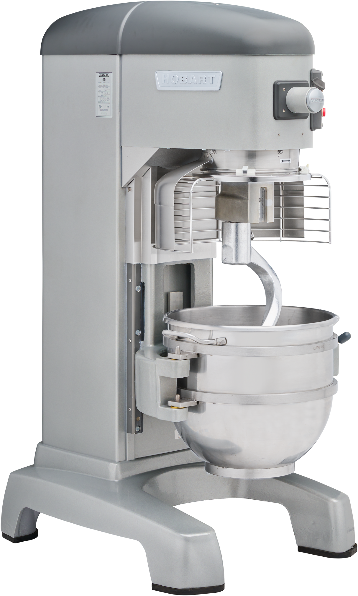 A large, industrial Hobart Legacy Planetary Mixer with a silver metal body. It features a protective wire guard, control panel with buttons and dial, and a stainless steel 60 qt mixing bowl fitted with a dough hook attachment.