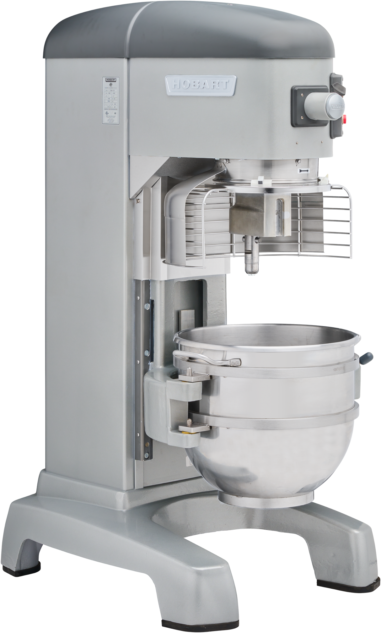 A large, industrial Legacy Planetary Mixer with a stainless steel bowl, safety guard, and control knobs on the top right. This Hobart 60 qt mixer is metallic gray, heavy-duty, and designed for commercial food prep on a sturdy base.