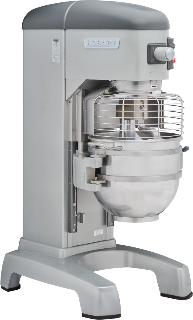 A large, industrial Hobart Legacy Correctional Planetary Mixer features a wire safety guard, control panel, and 60 quart mixing bowl. Built for durability, this correctional facility mixer stands on four sturdy legs with a prominent Hobart logo.