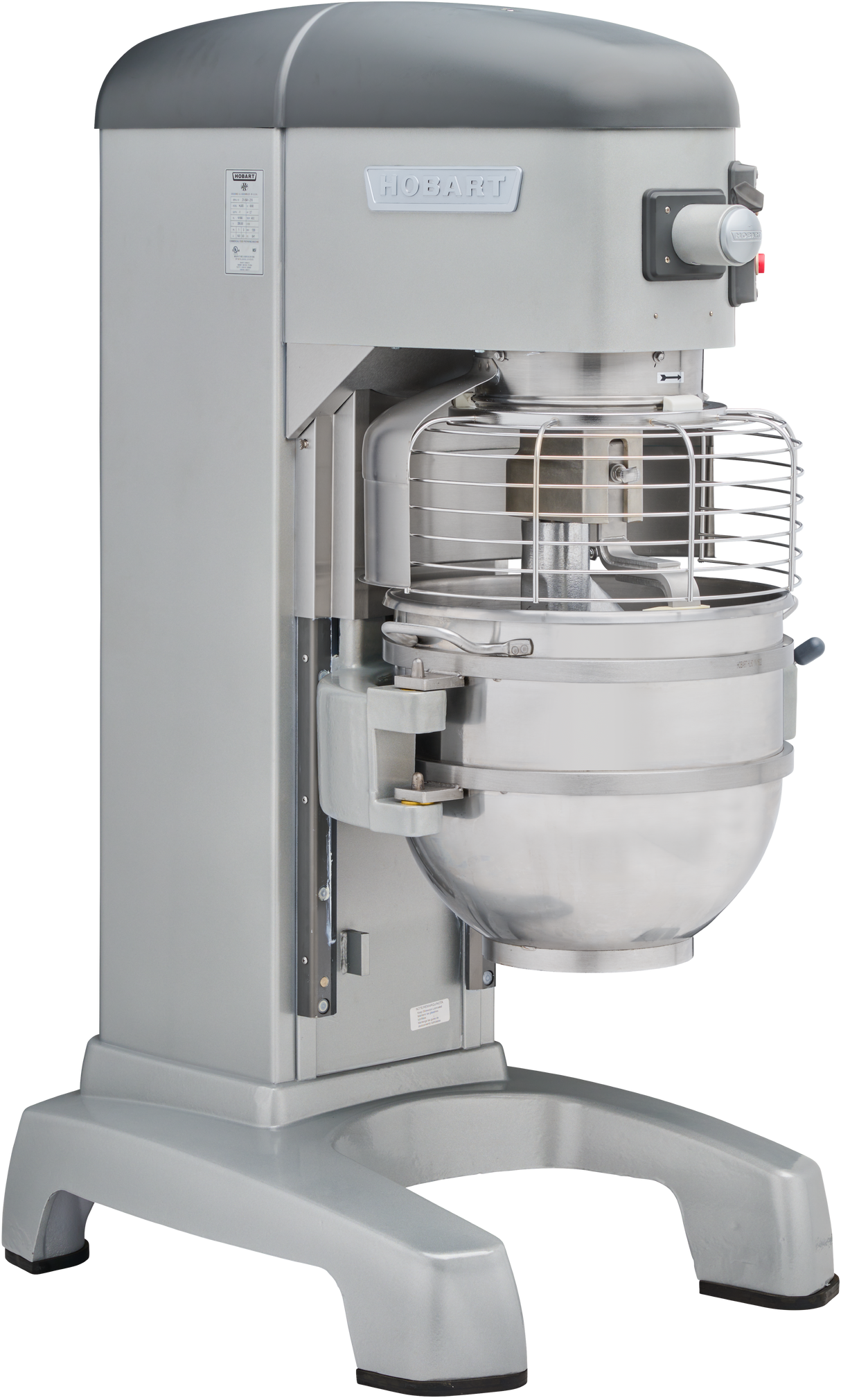 A large, industrial Hobart Legacy Planetary Mixer with a protective wire guard and 60 qt mixing bowl sits on a sturdy gray base. Controls and a red emergency stop button are visible on the top right corner.