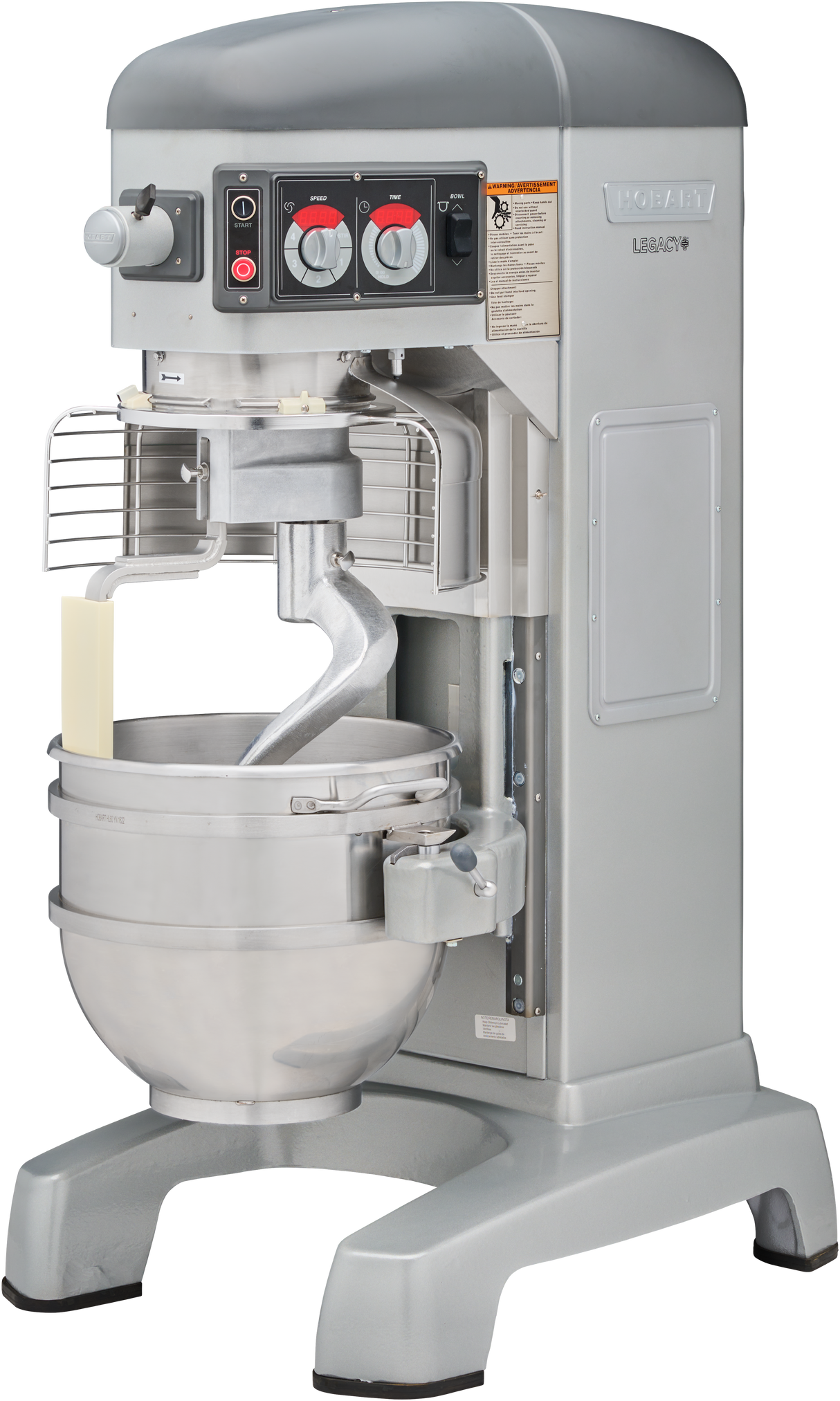 A large, industrial Hobart Legacy Planetary Mixer with a silver metal body, control knobs, and safety guard. It holds a big 60 qt stainless steel mixing bowl with a paddle attachment inside, built for heavy-duty use in commercial kitchens.
