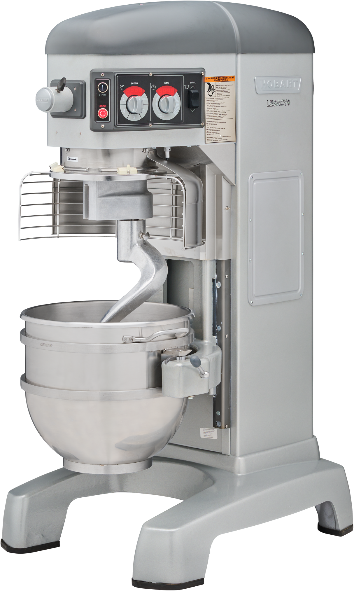 A large silver Hobart industrial stand mixer with a stainless steel bowl, safety guard, control knobs, and levers. This 60 qt mixer stands on a sturdy base and is designed for commercial kitchen use, with a spiral mixing attachment inside the bowl.