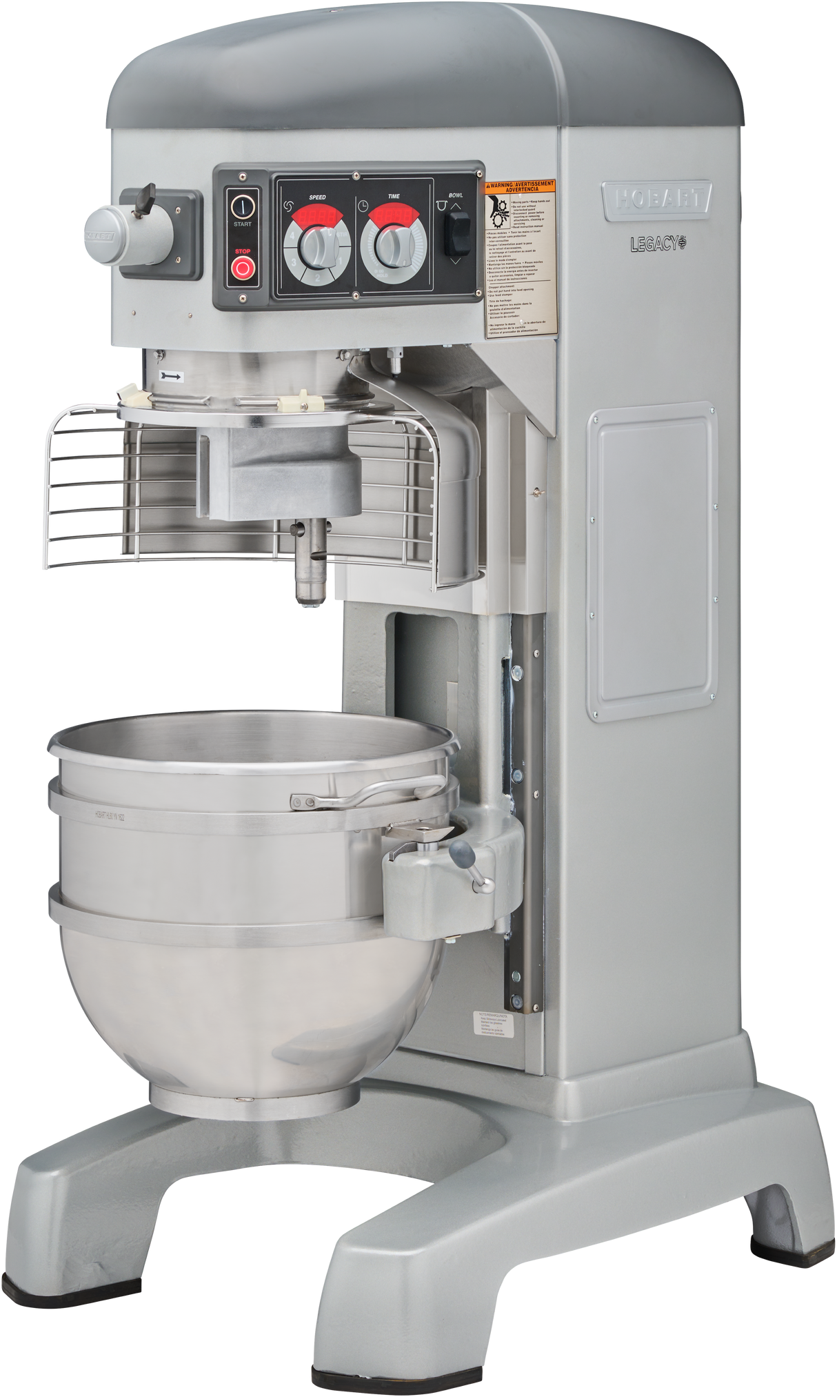 A large Hobart HL600C 60 quart mixer in gray and silver, featuring control knobs, safety guard, and a metal mixing bowl. Its sturdy, industrial design is ideal for mixing dough or batter in bakeries or large kitchens.