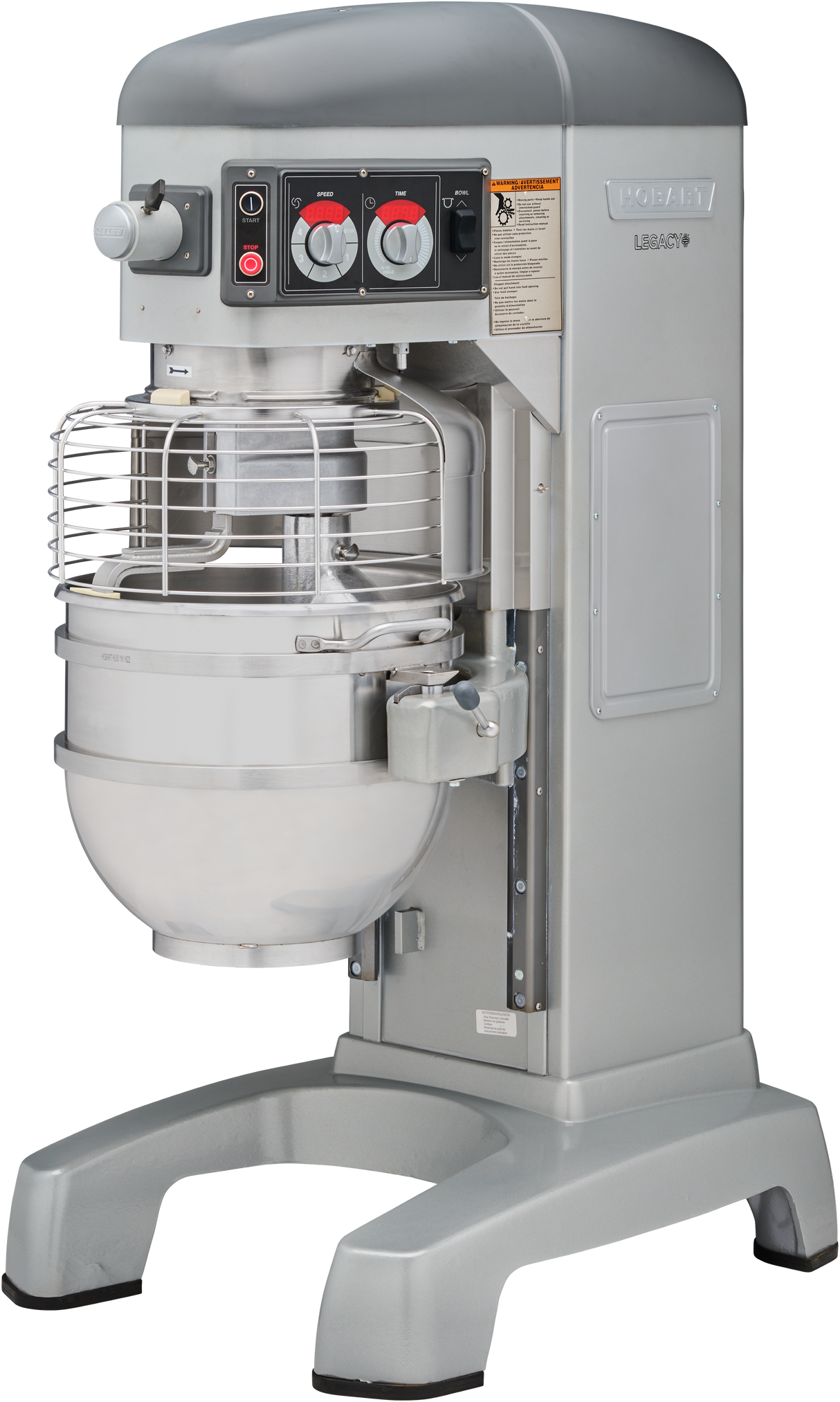A large, industrial Hobart mixer with a stainless steel mixing bowl and protective wire guard. The metallic gray 60 qt mixer features control knobs, switches, and safety instructions on the front panel and stands on wide, sturdy legs.
