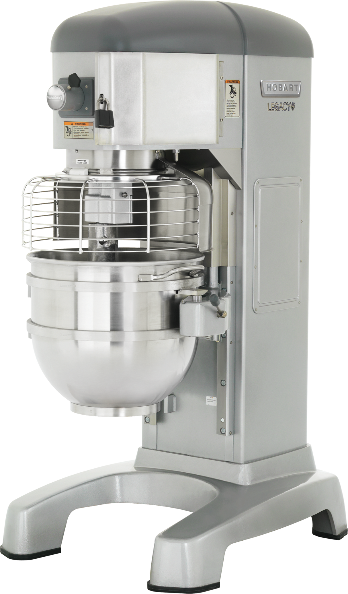 A large, industrial Hobart Legacy Planetary Mixer with a protective wire guard, control panel, and spacious stainless steel mixing bowl. This 60 qt mixer stands on a sturdy base, built heavy-duty for demanding commercial kitchen use.