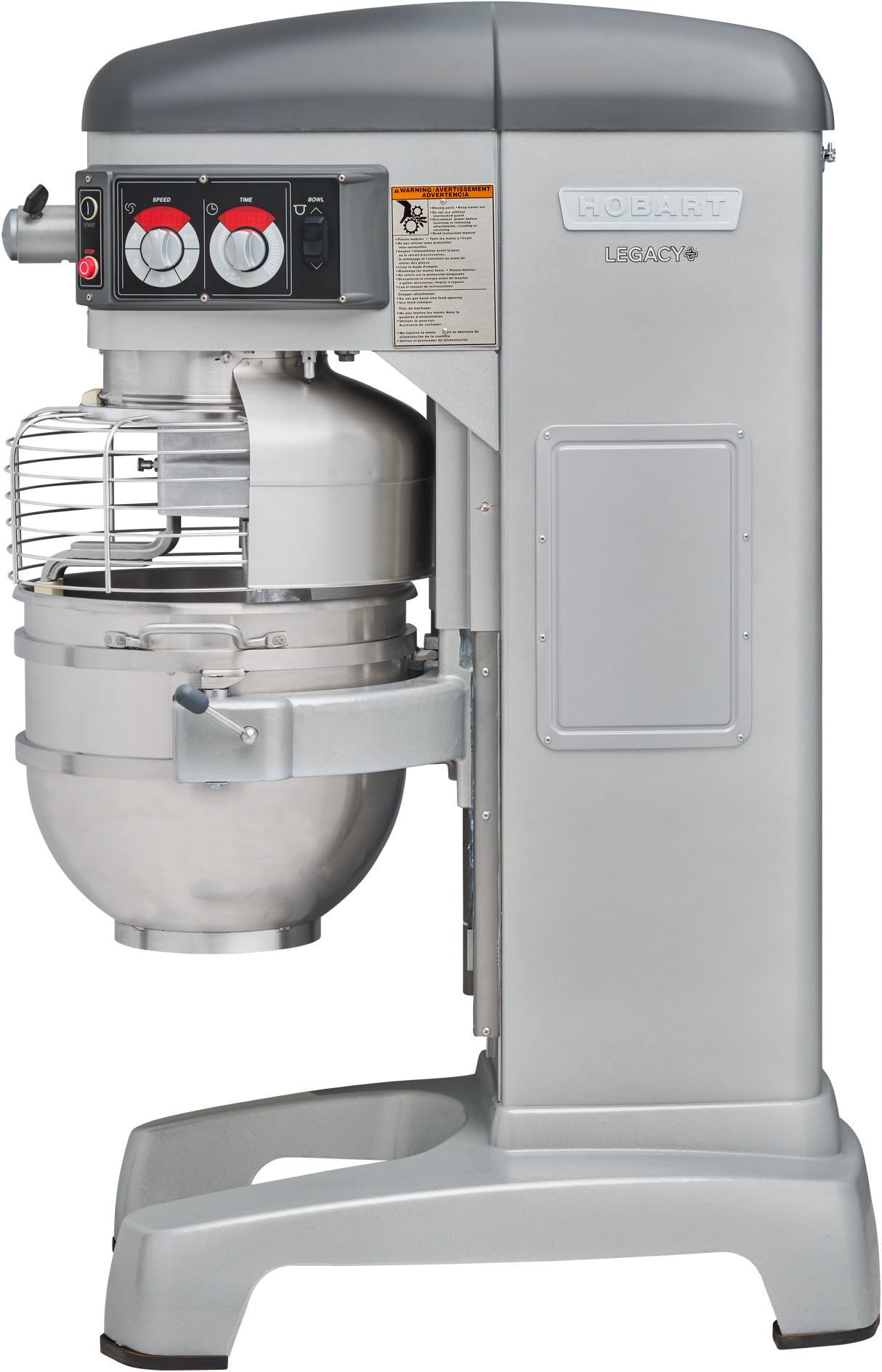 A large, industrial Hobart Legacy Planetary Mixer in silver. It features a 60 qt stainless steel mixing bowl with a protective wire guard, control dials and buttons on the side, and a sturdy base for heavy-duty commercial kitchen use.