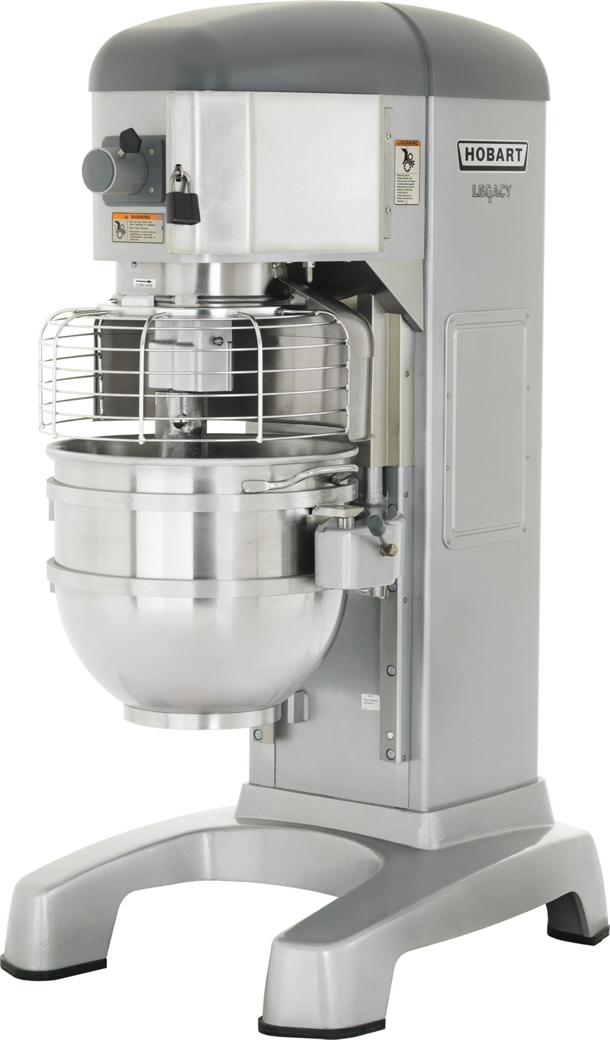 A large Hobart HL600 mixer, silver and gray, features a protective wire guard around its stainless steel, 60 quart planetary mixing bowl. This commercial dough mixer is labeled Hobart Legacy with control panels and switches on its front and side.