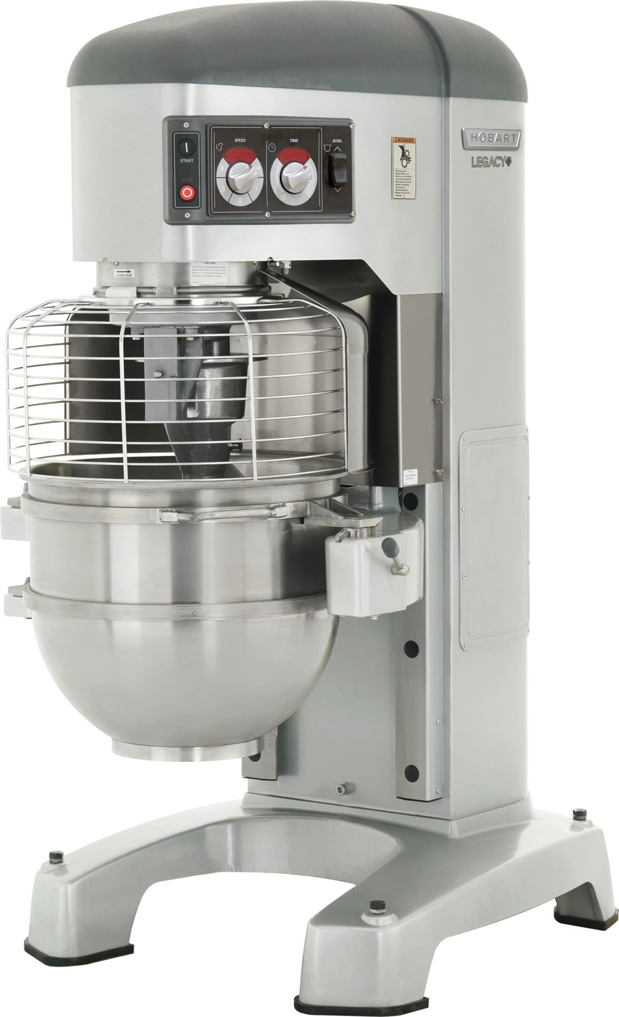 A large industrial planetary mixer with a stainless steel mixing bowl and a protective wire guard. This 80 quart mixer, labeled “Hobart Legacy,” is gray with control knobs on the front and stands on four sturdy legs.