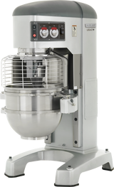A large, industrial Hobart HL800 Legacy Planetary Mixer with an 80 quart stainless steel bowl, safety cage, and control knobs on the front. The gray machine is ideal for commercial kitchens or bakeries and labeled Hobart Legacy on the upper right.