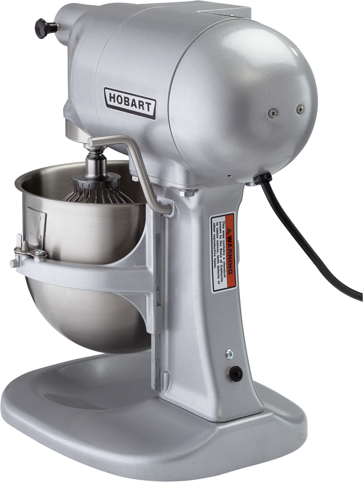 A silver Hobart N50 mixer, also known as a 5 quart mixer, with a metal mixing bowl and whisk attachment. It features a rounded motor housing, side lever, visible screws, power cord, clear “WARNING” label, and the Hobart logo on the side.