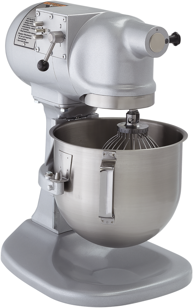 A silver Hobart mixer with a large stainless steel mixing bowl and wire whisk attachment. The sturdy, heavy-duty planetary bench mixer features a speed control lever, side instructions label, and is ideal for commercial use.